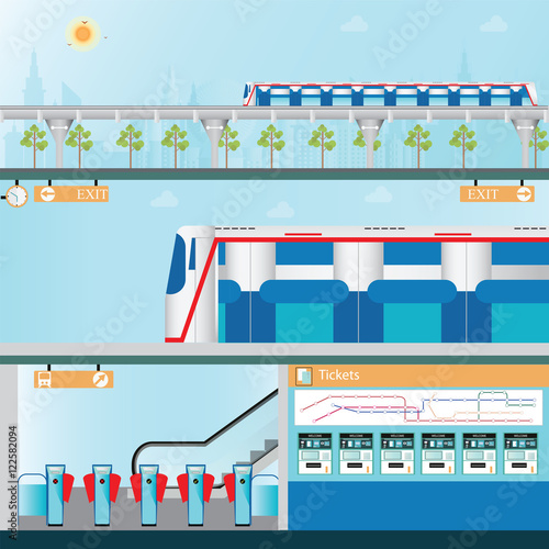 Sky train station with ticket vending machines.