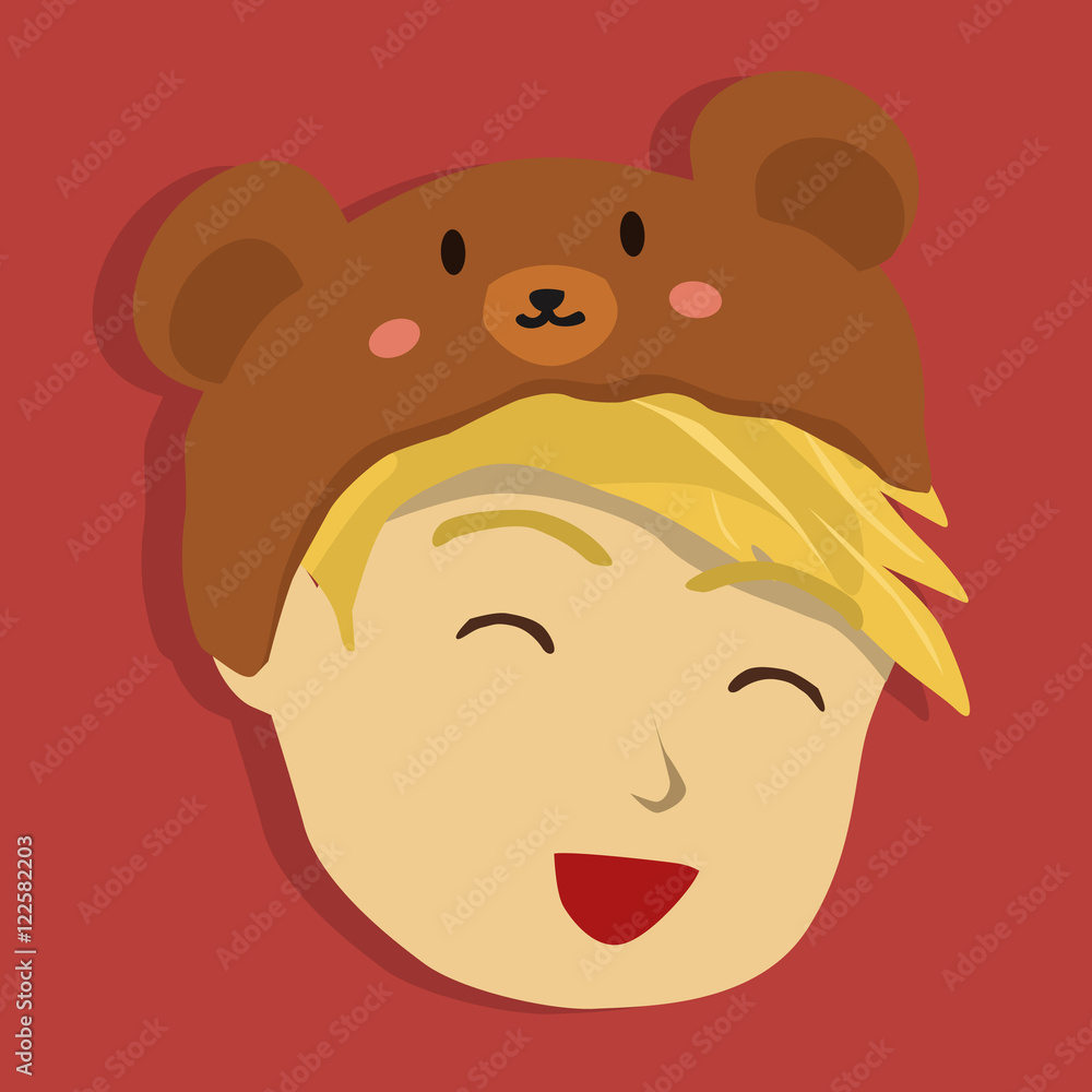 Face of a boy with brown bear hat in red background. Face of a boy with brown bear hat in red background.
