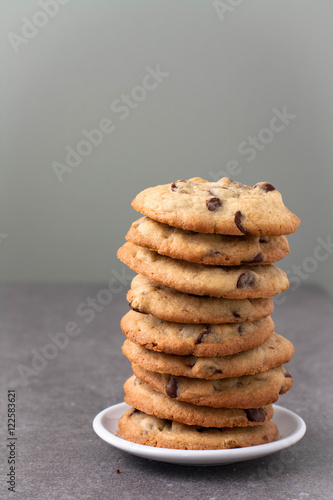 A stack of homemade chocolate chip cookies - classic American dessert 