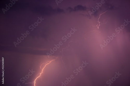 Summer storm with thunder, lightnings and rain.