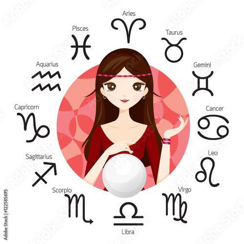 Woman Fortuneteller And Crystal Ball With Zodiac Signs, Astrologer, Constellation, Western, Beauty, Cosmetic, Fashion, Paranormal, Soothsayer, Magic, Occult, Presage, Fate, Prophecy