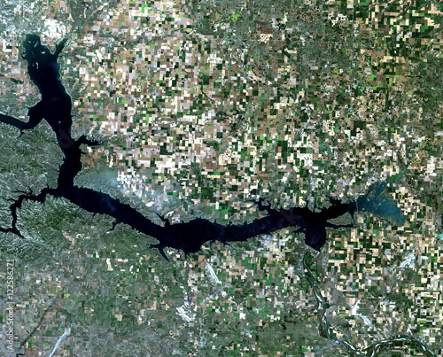 Lake Sakakawea from Landsat satellite. Elements of this image furnished by NASA photo