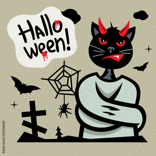 Vector Halloween Devil Cat in straitjacket Cartoon Illustration.