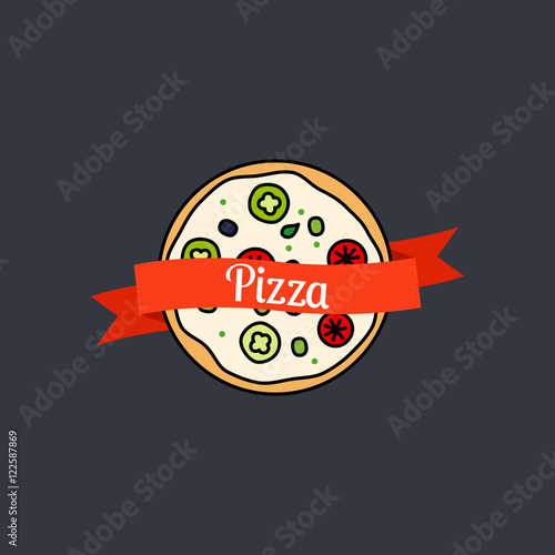 Pizza icon with text on the ribbon on dark background. Vector illustration