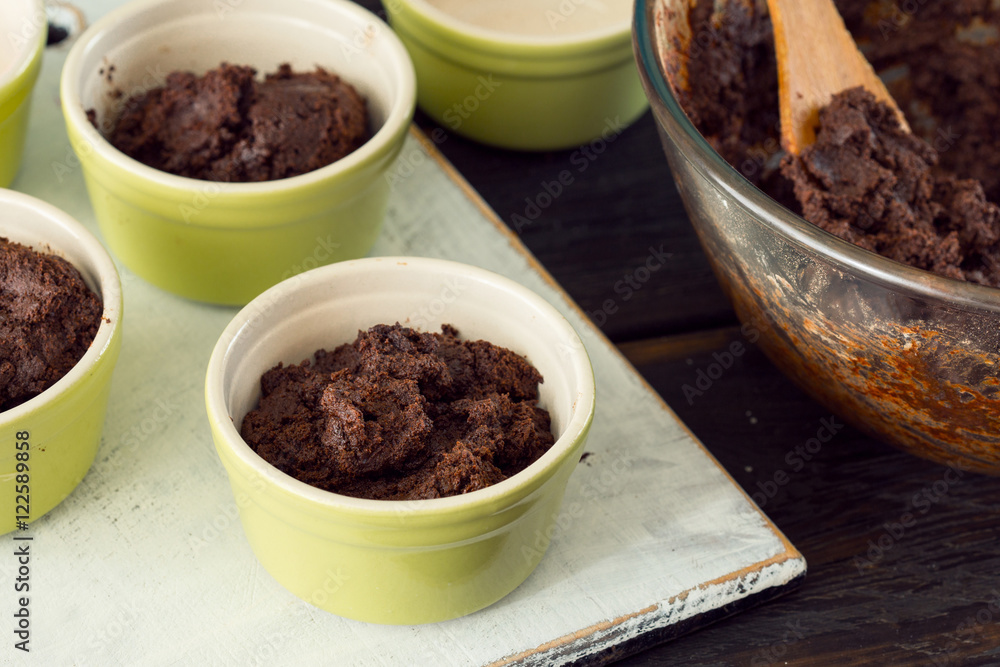 Dough for cooking chocolate dessert in baking dish Dough for cooking chocolate dessert in baking dish