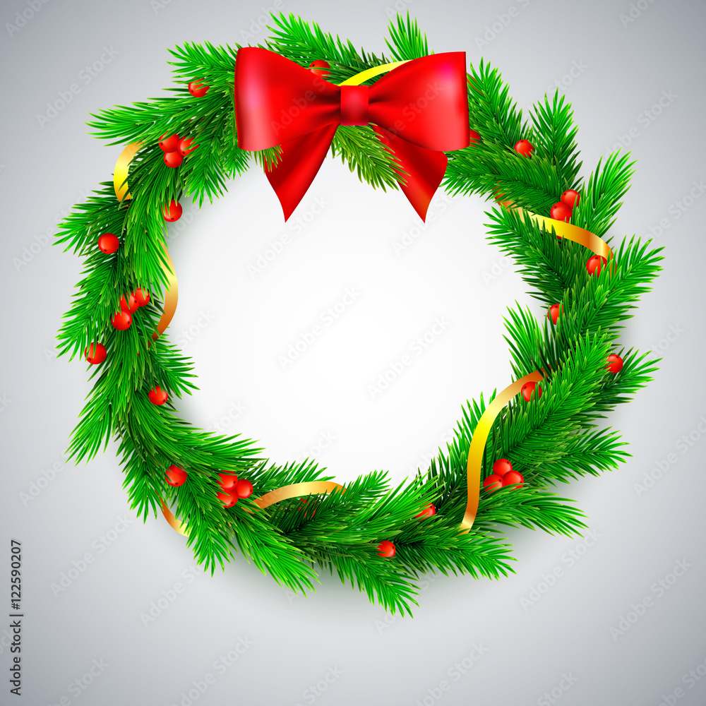 Christmas wreath, fir branches, red berries and bow, golden ribbon Christmas wreath, fir branches, red berries and bow, golden ribbon