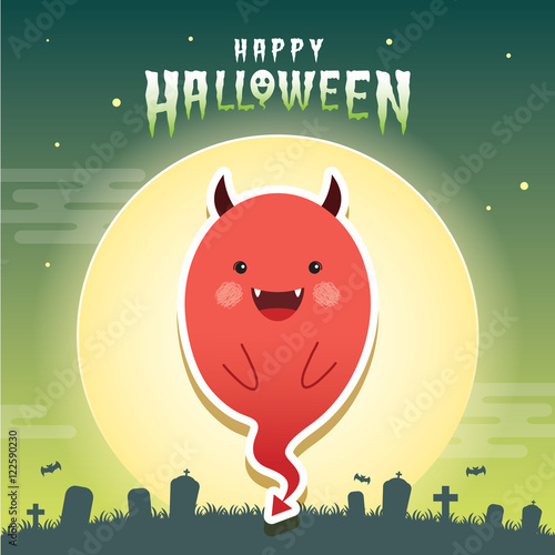 Happy halloween vector illustration. Cute ghost with devil cosplay and cemetery. Halloween cartoon character design.