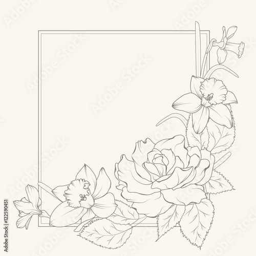 Rose and narcissus flowers corner frame design element