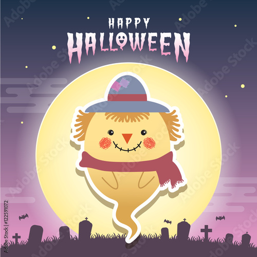Happy halloween vector illustration. Cute ghost with scarecrow cosplay and cemetery. Halloween cartoon character design.