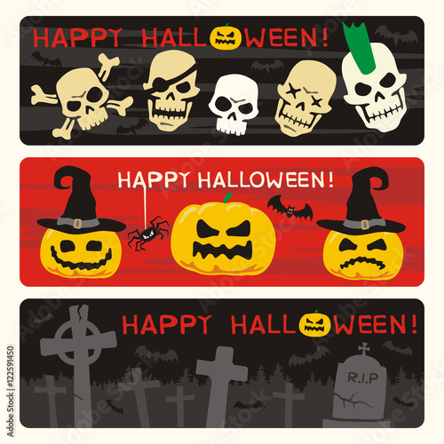 Happy halloween! Set halloween banners in cartoon style.