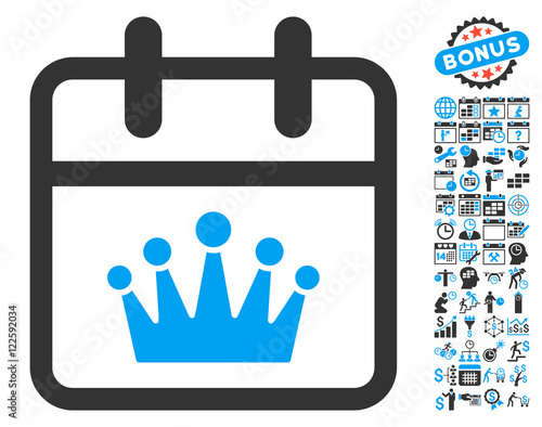King Day icon with bonus calendar and time management graphic icons. Vector illustration style is flat iconic bicolor symbols, blue and gray colors, white background.