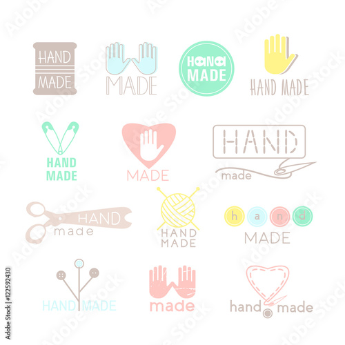 Handmade colorful icons isolated on white. Set of hand made labels, badges and logos for design. Handmade workshop logo set. Vector illustration