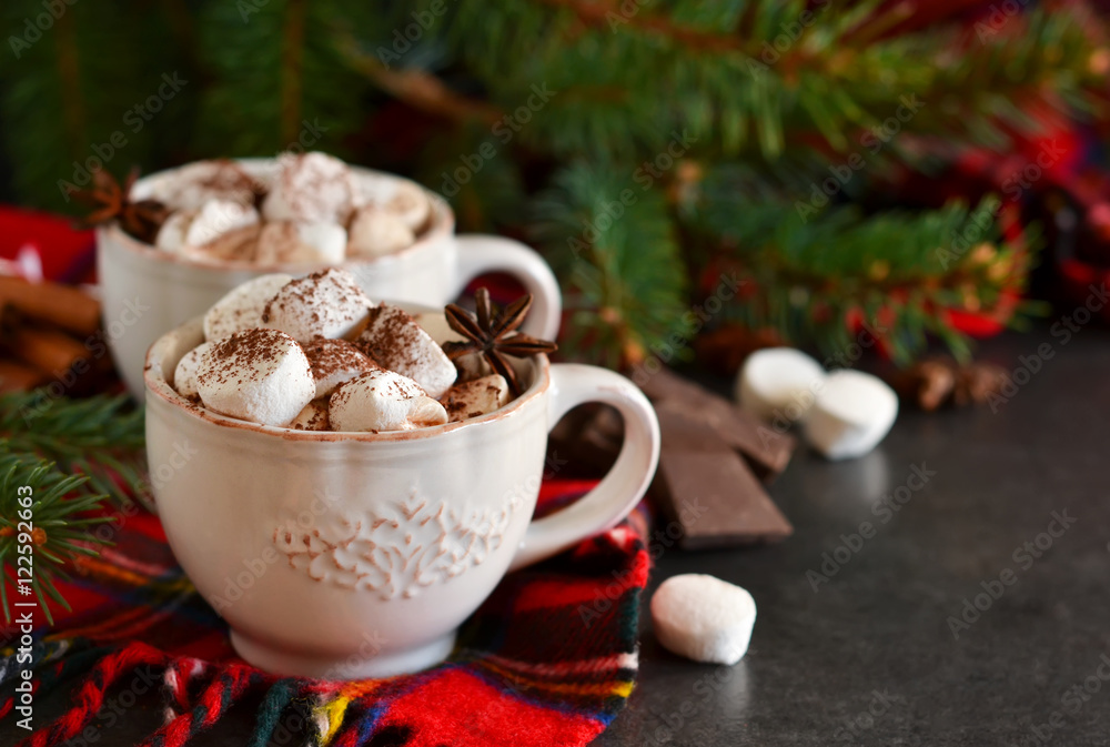 Hot chocolate with marshmallows, cinnamon and spices on a black background Hot chocolate with marshmallows, cinnamon and spices on a black background