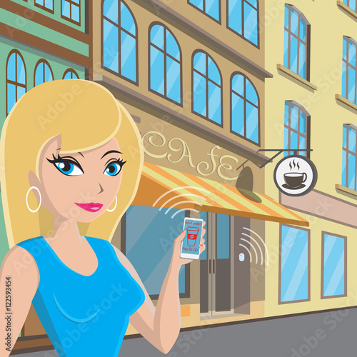 Beacon technology vector illustration.Girl with phone on the street

