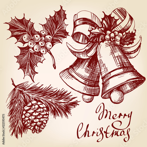Christmas decorations set hand drawn vector llustration realistic sketch