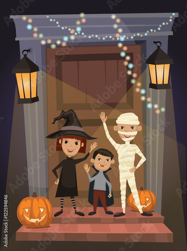 Children in vampire costumes, witches and mummies stand on threshold of the house on the Halloween night. Beggars Night october holiday. All Hallows Evening. Cartoon vector illustration.