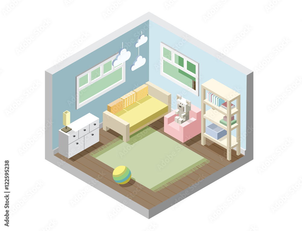 Vector isometric nursery, kids room, set of nursery furniture, interior design Vector isometric nursery, kids room, set of nursery furniture, interior design