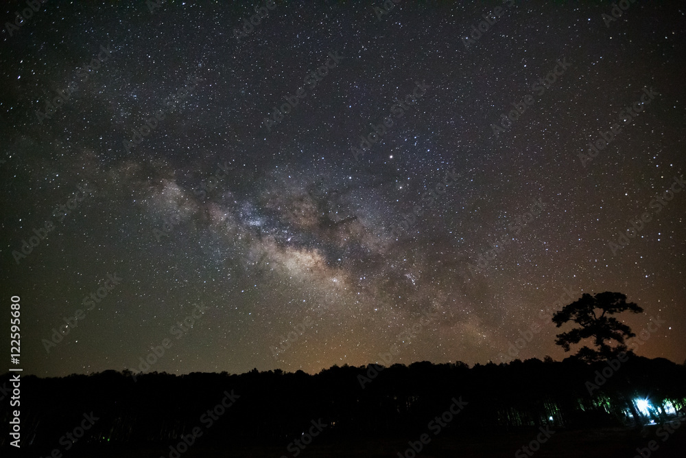 Milky Way Galaxy and Silhouette of Tree with cloud.Long exposure Milky Way Galaxy and Silhouette of Tree with cloud.Long exposure