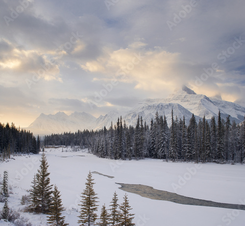 Mount Fryatt and the Athabasca River covered with snow photo