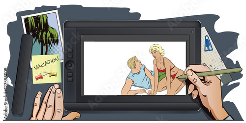 Girl and guy on beach. Romantic declaration of love.