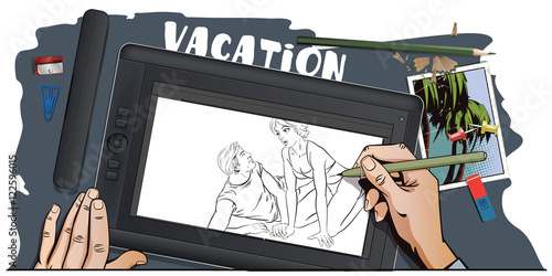 Girl and guy on beach. Romantic declaration of love.