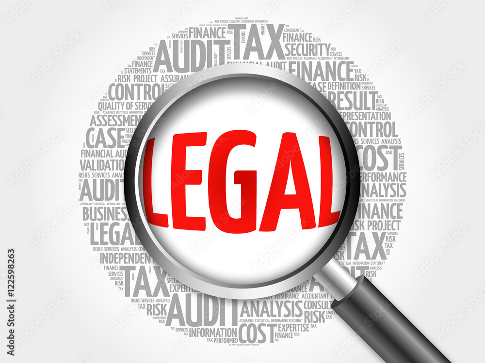 LEGAL word cloud with magnifying glass, business concept 3D illustration LEGAL word cloud with magnifying glass, business concept 3D illustration