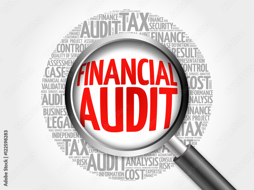 Financial Audit word cloud with magnifying glass, business concept 3D illustration Financial Audit word cloud with magnifying glass, business concept 3D illustration