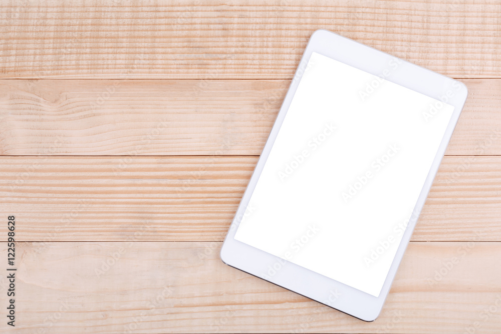 Mobile phone or tablet with blank screen mockup wood background Mobile phone or tablet with blank screen mockup wood background