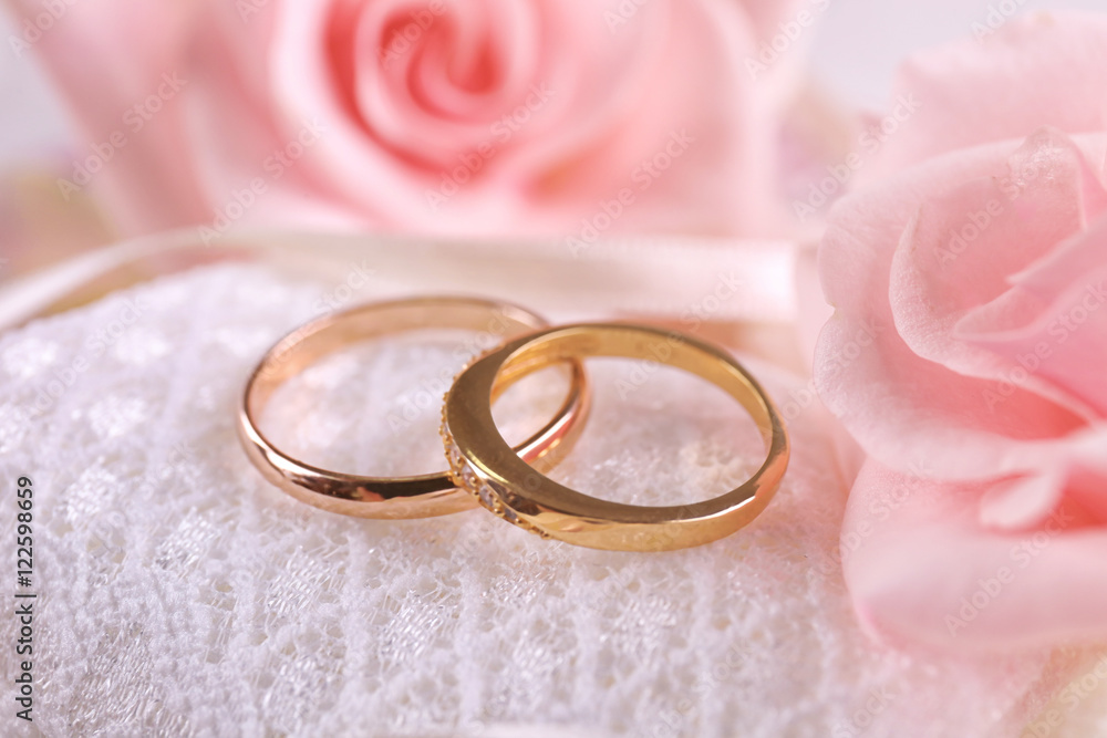 Two wedding rings on a cushion Two wedding rings on a cushion