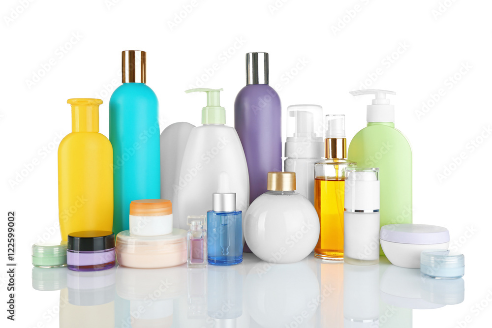 Different cosmetic bottles isolated on white Different cosmetic bottles isolated on white