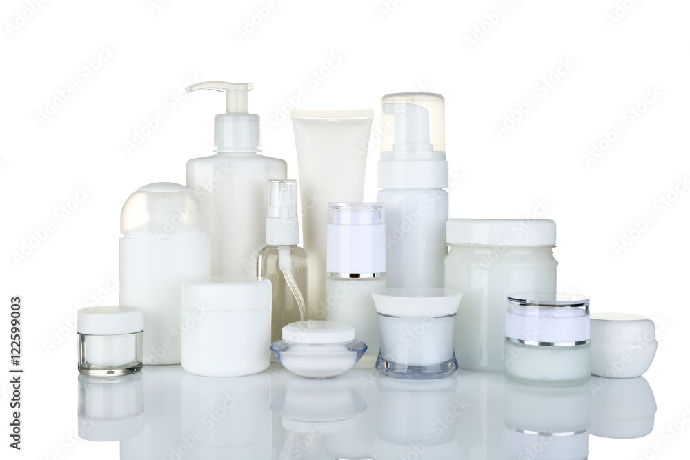 Different cosmetic bottles isolated on white Different cosmetic bottles isolated on white