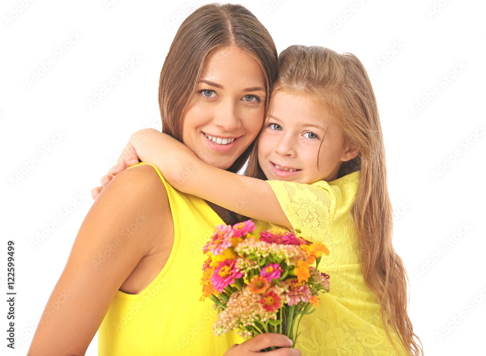 Cute girl with mother and bouquet of flowers on white background Cute girl with mother and bouquet of flowers on white background