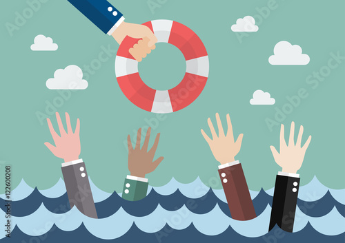 Drowning businessmen getting only one lifebuoy