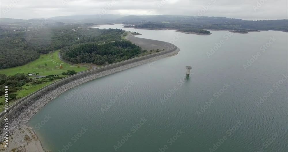Drone flight over Cardinia Reservoir on cloudy day. Melbourne, Victoria, Australia Drone flight over Cardinia Reservoir on cloudy day. Melbourne, Victoria, Australia