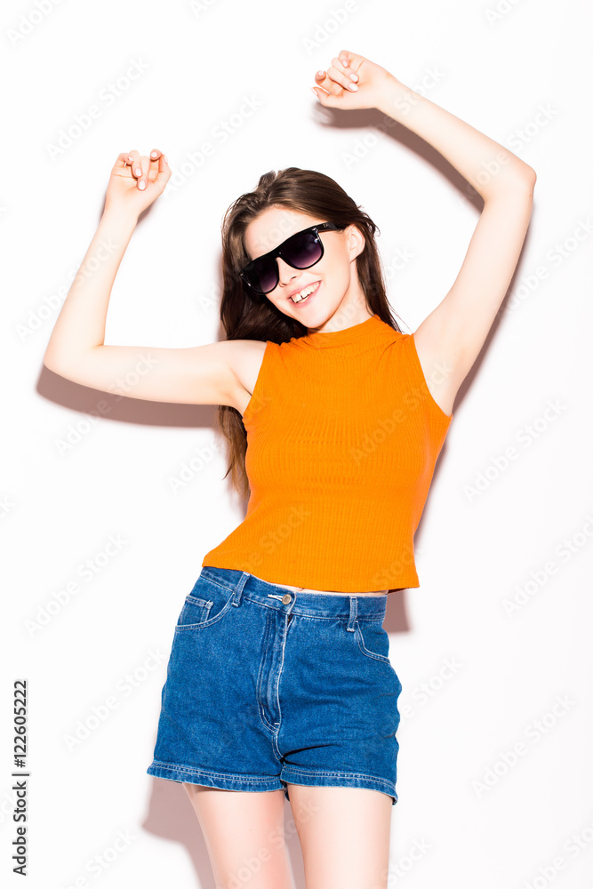 portrait of cheerful fashion hipster girl portrait of cheerful fashion hipster girl