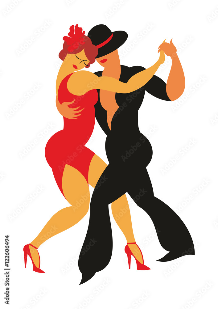 lady in a red dress and the gentleman in a hat dance the Argentina tango