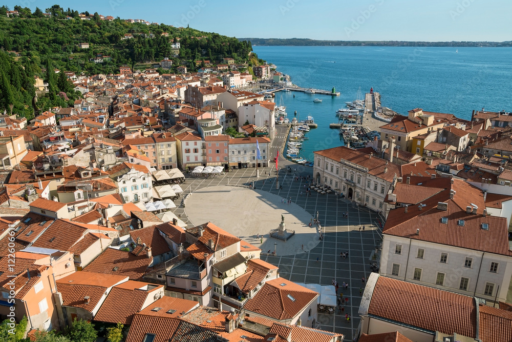 Above view of Piran with port and Tartini Square, Slovenia