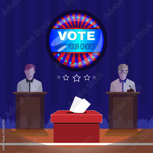 Digital vector usa election with vote box, candidate tribune and make your choise, flat style