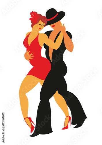 lady in a red dress and the gentleman in a hat dance the Argentina tango