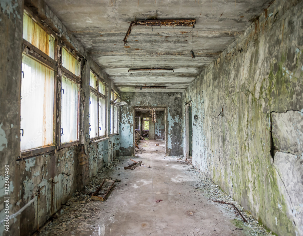 abandoned ruined corridor in Pripyat school abandoned ruined corridor in Pripyat school