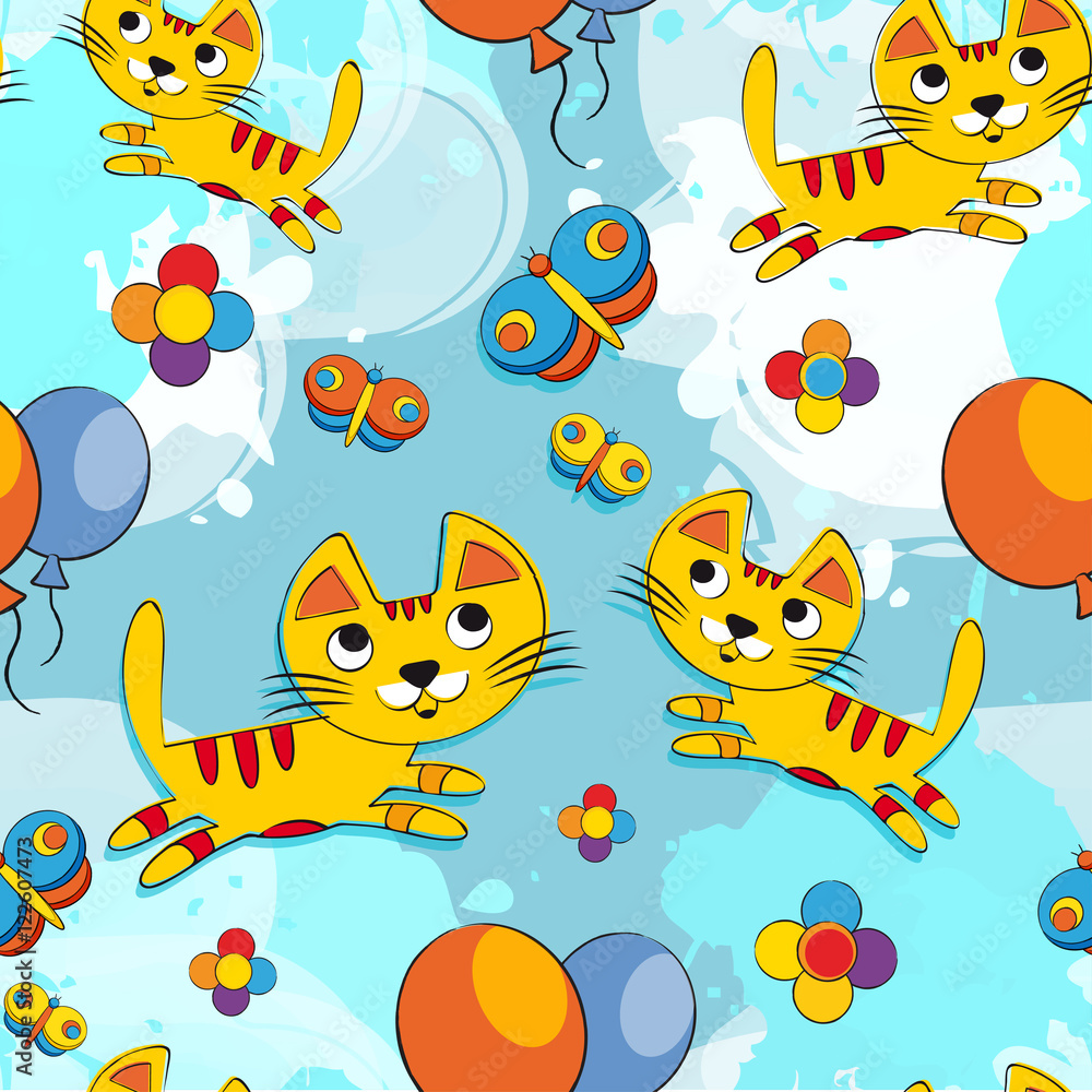 Vector seamless pattern with cute kittens, butterfly, flowers, balloons. Baby background for fabric, paper, interior design or clothing.