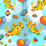 Vector seamless pattern with cute kittens, butterfly, flowers, balloons. Baby background for fabric, paper, interior design or clothing.
