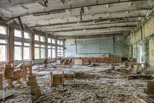 ruined school assembly hall in Pripyat