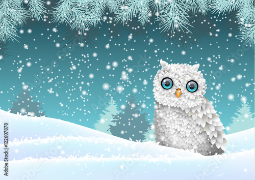 Holiday winter theme, white owl sitting in snow, illustration