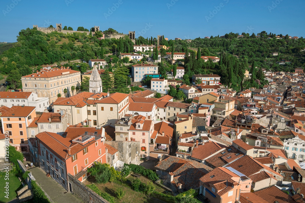 Above view of Piran with castle, Slovenia