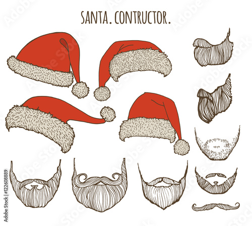 Stylish Santa. Hats and beards. Set of vector hand-drawn illustrations.