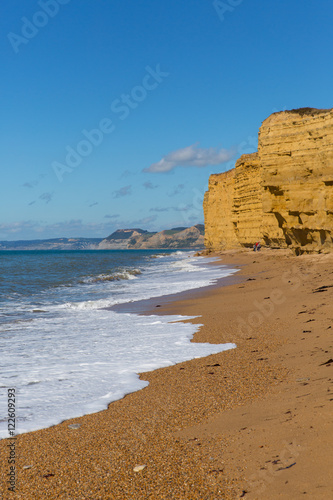Burton Bradstock beach Dorset England UK Jurassic coast with sandstone cliffs and white waves with blue sea and sky