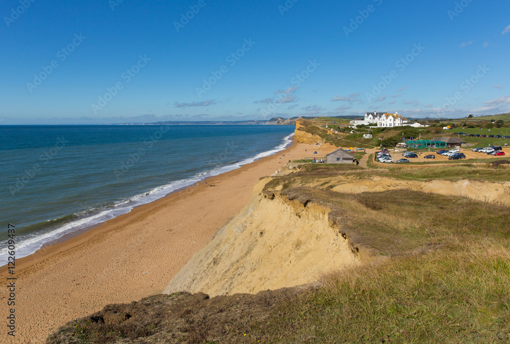Burton Bradstock beach Dorset England UK Jurassic coast in summer with blue sea and sky
