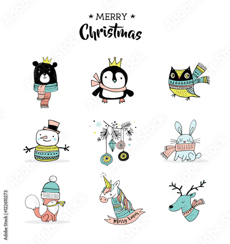Merry Christmas hand drawn cute doodles, stickers, illustrations. Penguin, bear, owl, deer and unicorn