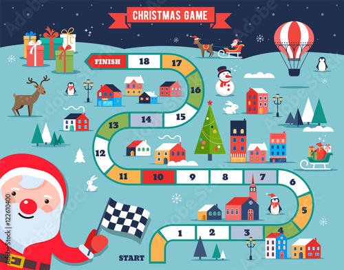 Christmas village map, winter town, board game with illustrations, icons and characters. Merry Christmas background